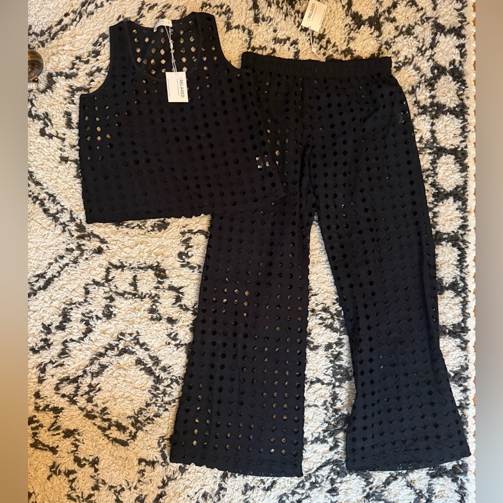 LA RELAXED Black Eyelet Pants & Top Set